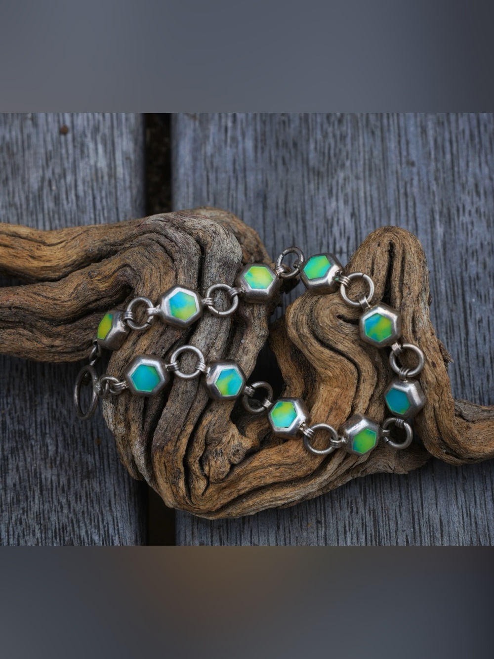 Vintage Sterling Silver Calcite Hexagon Bracelet | Boho Statement Toggle Clasp